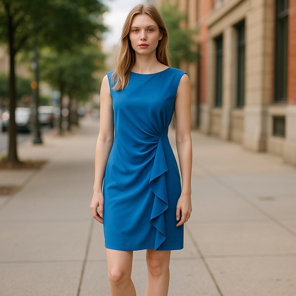 NWOT Calvin Klein  Boat Neck Cascade Side Ruffle Scuba Crepe Sheath Dress - Picture 1 of 9